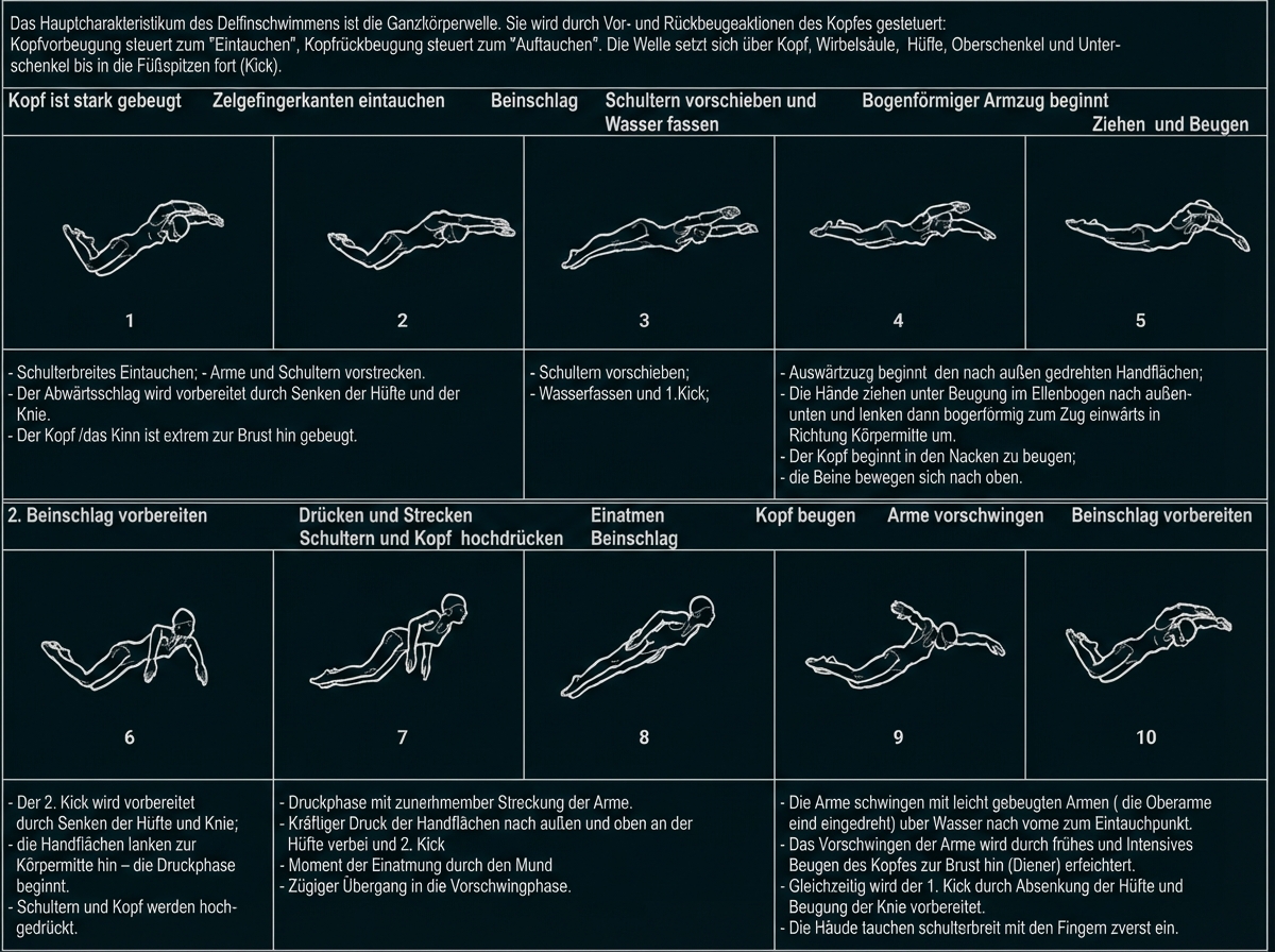 Diagramm mit 10 kleinen Zeichnungen zur Technik des Delfinschwimmens (Ganzkörperwelle)